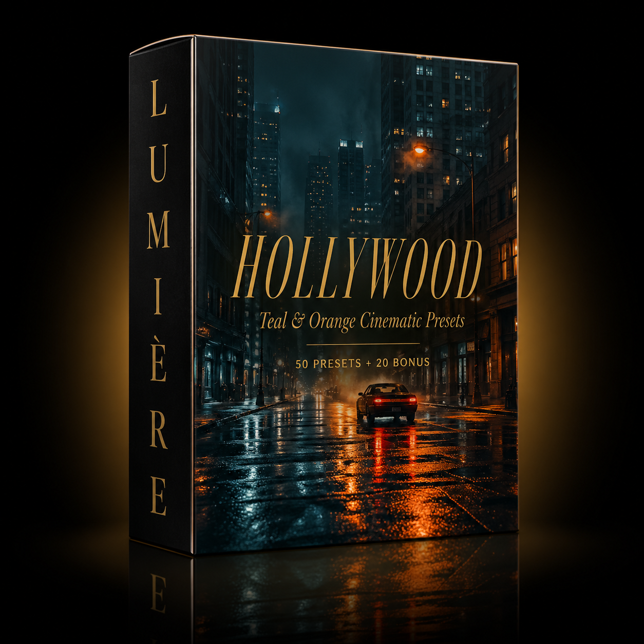 Mockup 3D du pack HOLLYWOOD — 50 presets Lightroom cinématiques